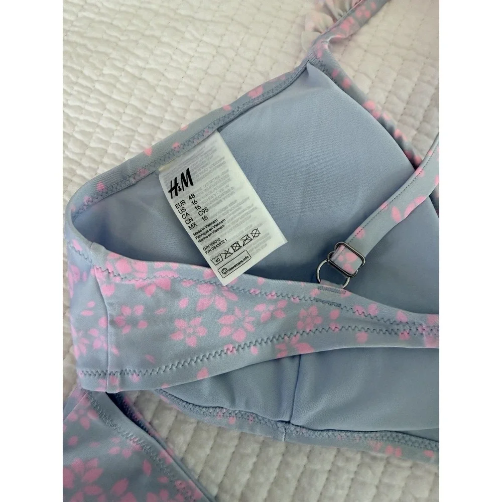 HM Pink Floral Ruffle Bikini Set Blue High Waist Two Piece Swimsuit Womens 16